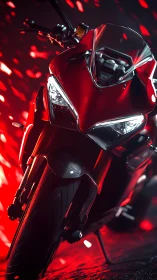 Lean red superbike under cinematic neon streaked lighting.