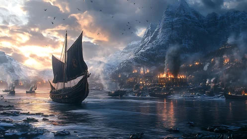 Viking longship near burning Nordic coastal settlement at dusk.