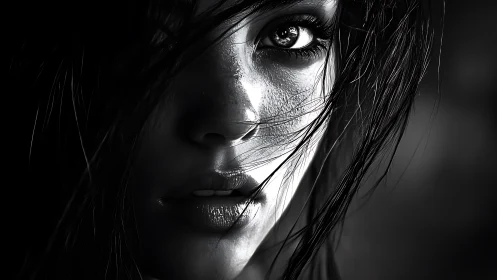 Monochrome portrait captures wet hair, intense reflective gaze.