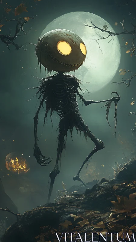 Glowing pumpkin scarecrow strides under a misty full moon