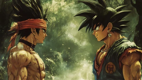 Forest duel of spiky warriors in storm-lit anime standoff.