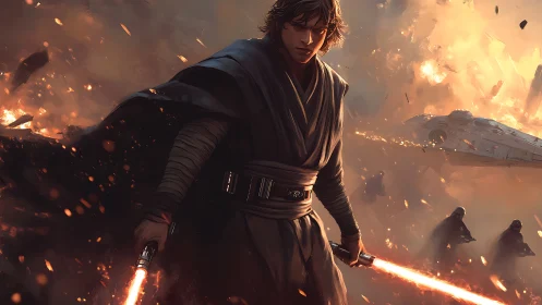 Cloaked warrior with twin plasma blades in burning warzone