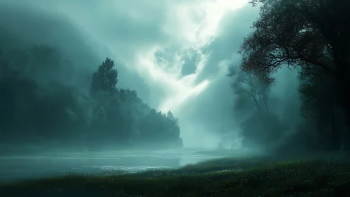 Misty forest river at dawn under luminous teal clouds.