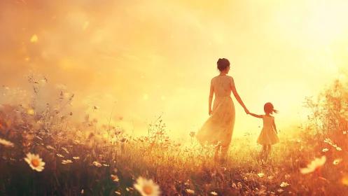 Sunlit meadow stroll where mother and child chase tomorrow.