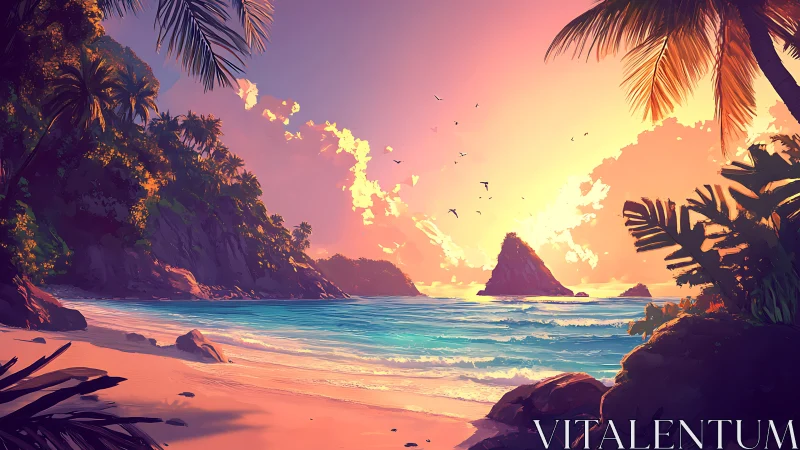 Tropical Paradise Sunset Over Hidden Cove.