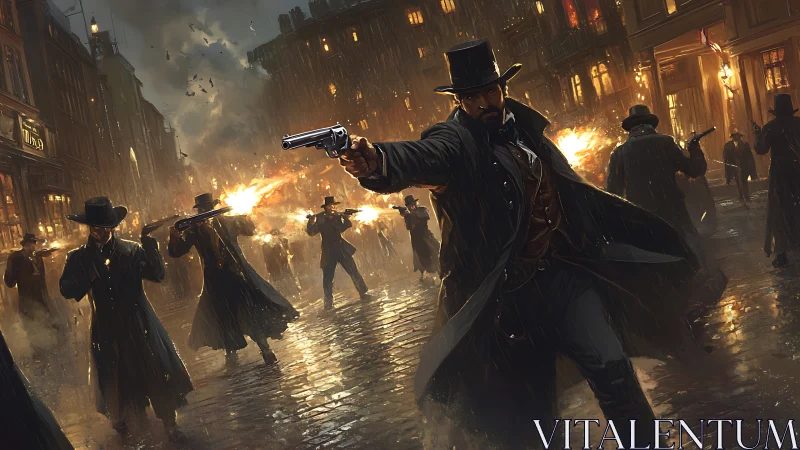 Victorian gunfight erupts on rain-soaked cobblestone street.