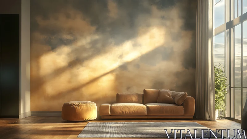 Sunlit clouds drift softly across a serene modern lounge