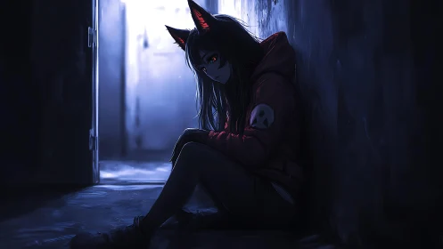 Lonely fox eared girl in dark corridor with cold light.