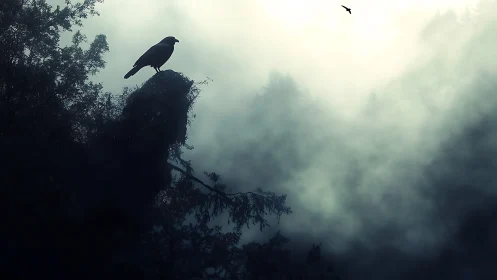 Silhouetted crow on forest branch in dense morning fog.