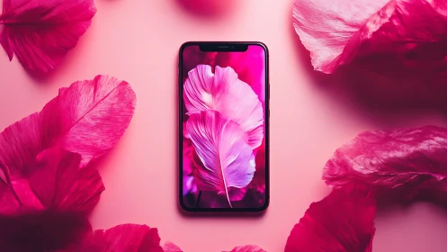 Smartphone Wallpaper: Pink Feather on Magenta Background.