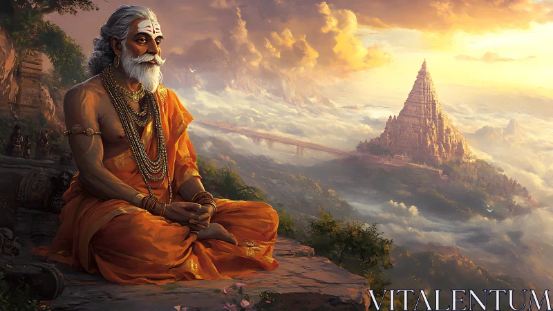 Meditating sage above cloud valley and distant temple peak.