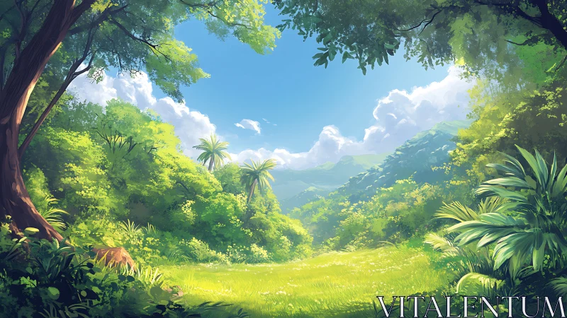 Tropical forest valley with cleared meadow and mountain vista.