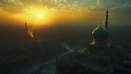 Sunset over domed mosque skyline in dense hazy city.