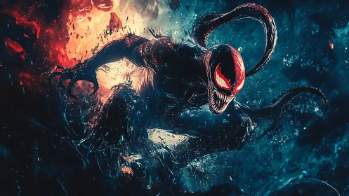 Fierce red-eyed creature surges through fire and swirling night.