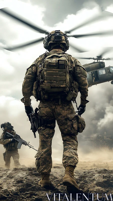 Helicopter thunder crowns a lone soldier in battle haze.