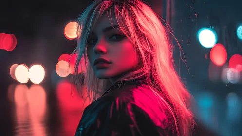 Woman in neon-lit urban night scene with reflective jacket.