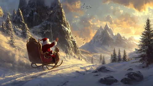 Santa in ornate sleigh crossing bright snowy mountainscape.