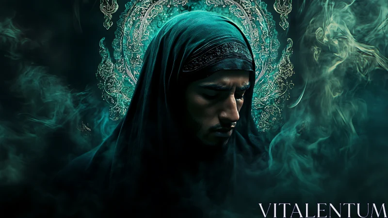 Mystic robed figure stands in swirling teal smoke and light