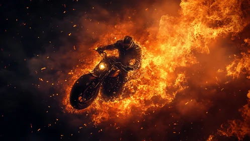 Photorealistic fiery motorcycle jump in dynamic low key lighting.