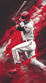 Dynamic red baseball slugger in motion-driven digital artwork.