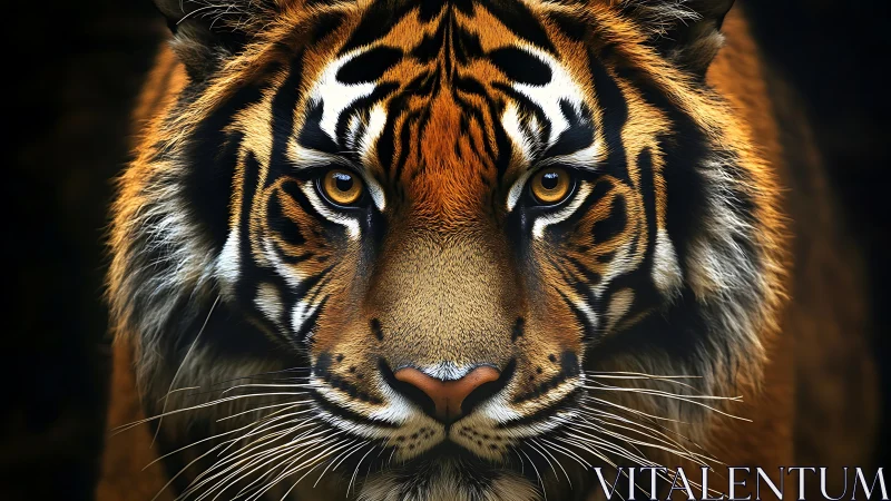 Burnished tiger portrait under dramatic low key lighting.