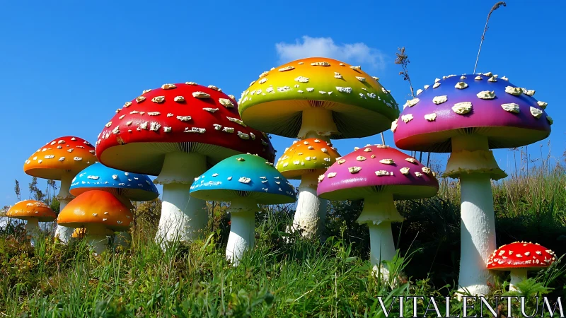 Rainbow toadstool parade under a storybook summer sky.