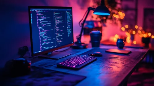 Programmer workstation with code display in neon lighting.