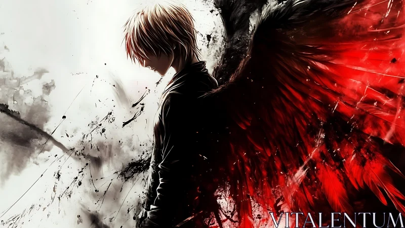 Solitary anime figure with red wings in high-contrast abstraction