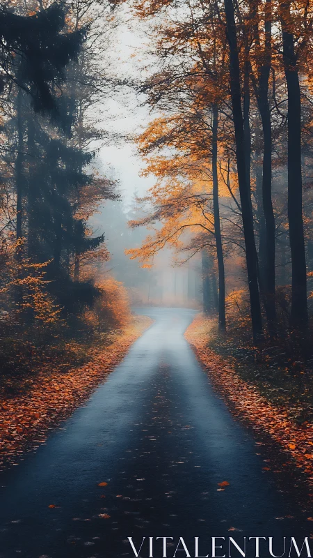 Misty Forest Road Through Autumn Canopy