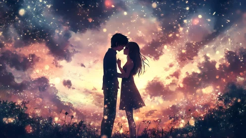 Silhouetted couple framed by nebula-like bokeh sky gradient