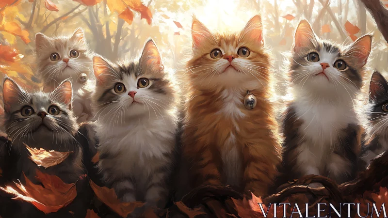 Five Fluffy Kittens in Autumn Forest Setting