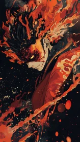 Blazing guardian wrapped in swirling cosmic firestorm.