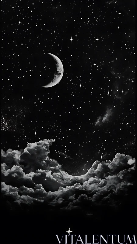 Crescent moon over dense clouds in a star filled night sky.