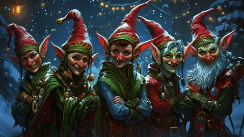 Group of festive elves stand together in snowy forest