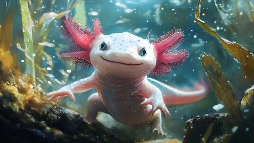 Bioluminescent axolotl swims through kelp forest with volumetric light
