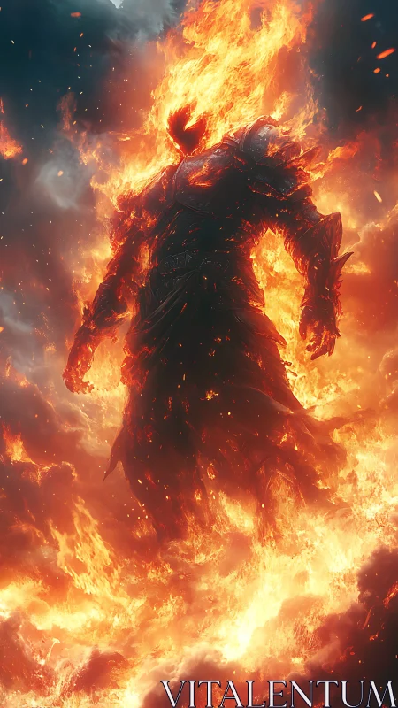 Flaming armored figure emerges from intense inferno flames
