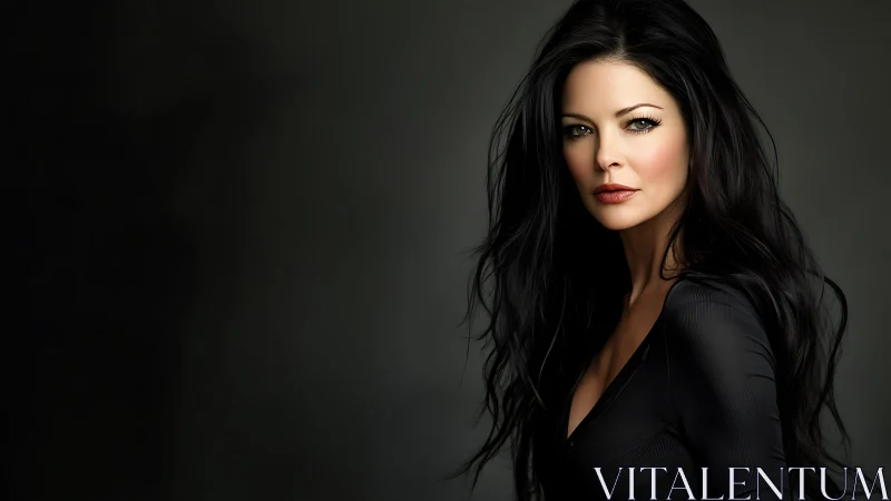 Dark-haired woman stands in dramatic low-key studio lighting