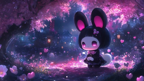 Chibi rabbit character under pink trees at night in garden.