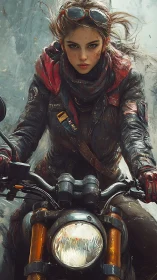 Motorcyclist in weathered gear rides toward the viewer