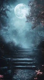 Moonlit stone stairway receding into fog-dense nocturnal forest
