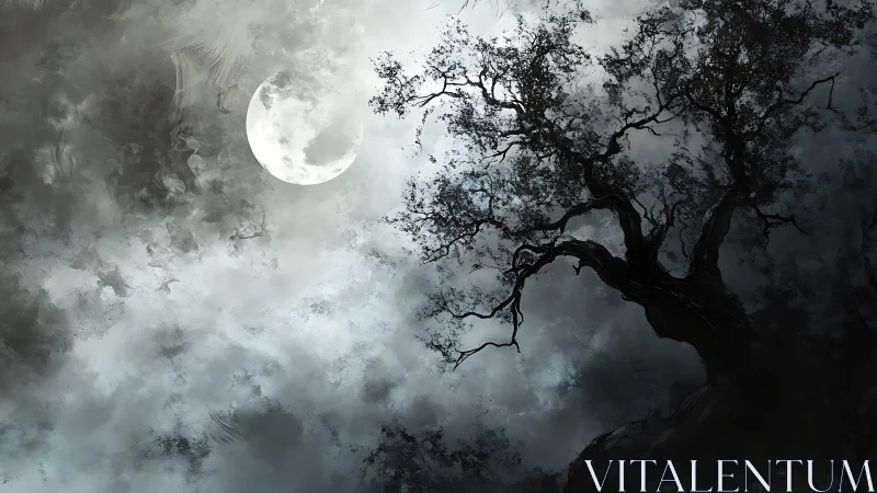 Moonlit gnarled tree silhouette against dense cloudy night sky.
