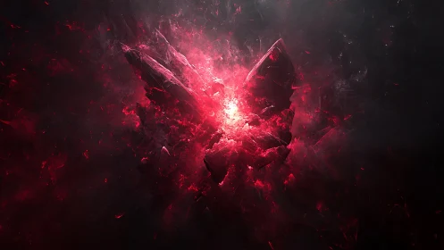 Crimson crystal core exploding through dark cosmic void.