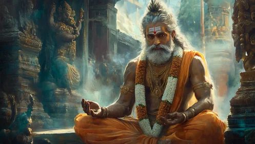 Meditative sage sits in ornate temple corridor with ethereal light