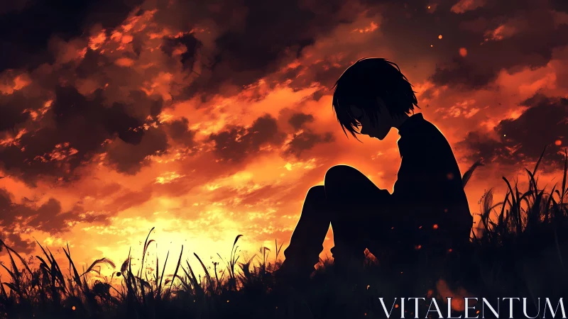 Silhouetted youth at dusk against blazing anime sky.