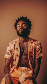 Portrait of seated man in orange outfit against uniform backdrop