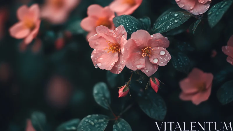 Pink camellia flowers with water droplets on dark foliage.