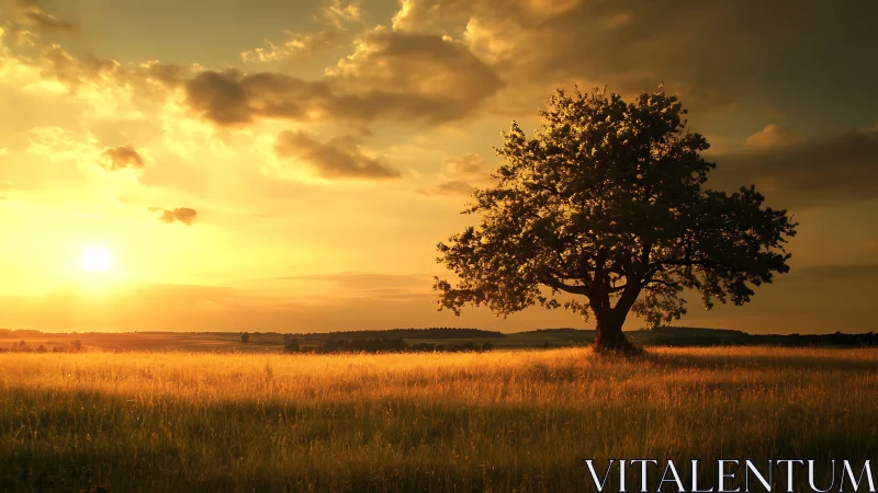 Solitary oak anchors expansive prairie under golden sunset
