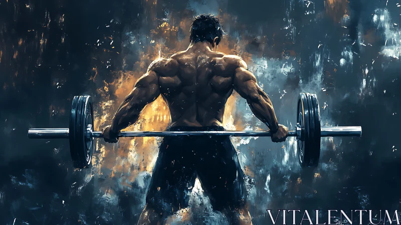 Muscular athlete lifting barbell under blazing abstract light.