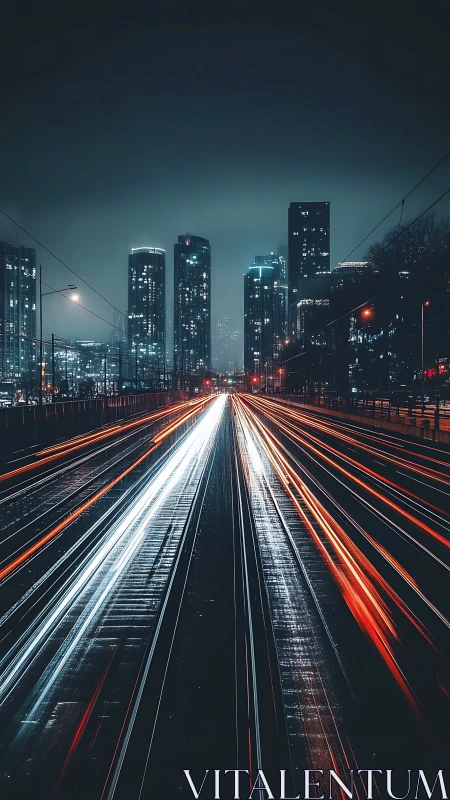Night city skyline with long exposure traffic light trails
