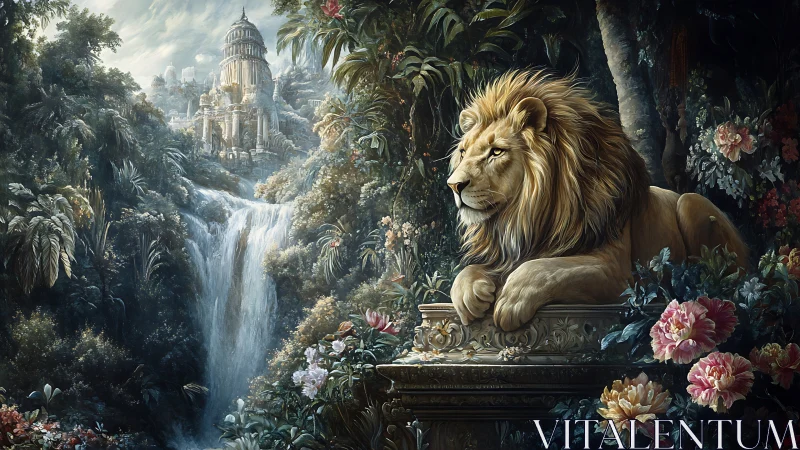 Majestic lion watches over a lush waterfall kingdom